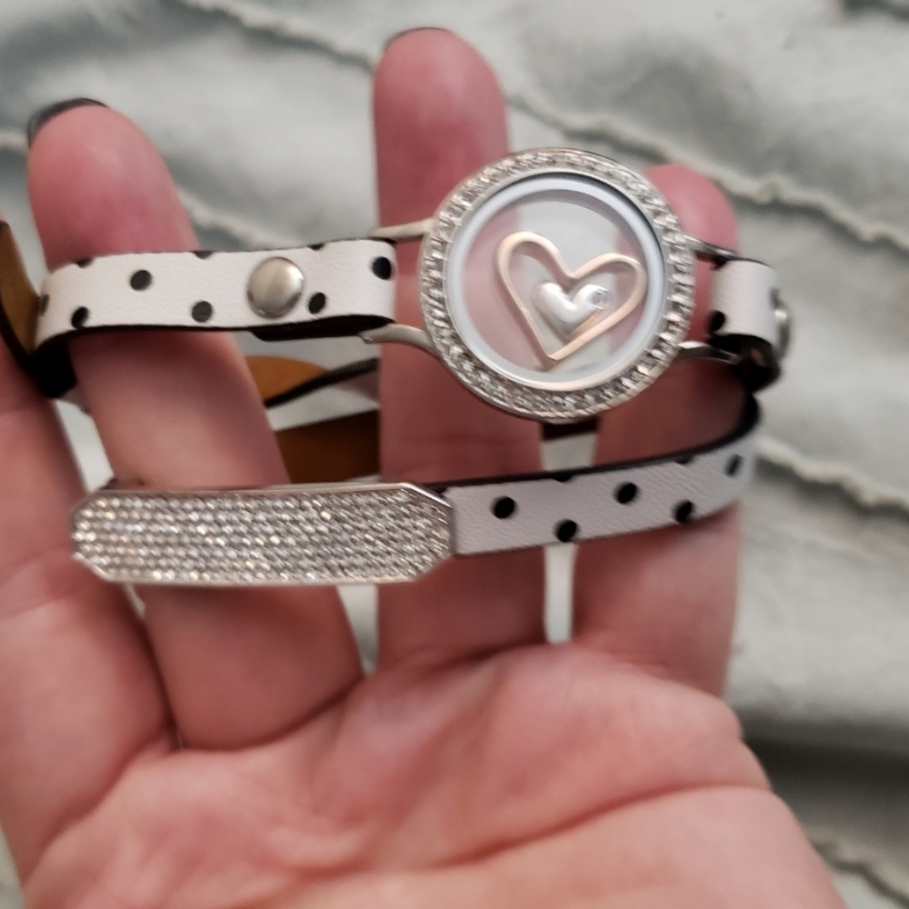 Origami Owl Locket Polka Dot Heart Bracelet with Rhinestones And Charms